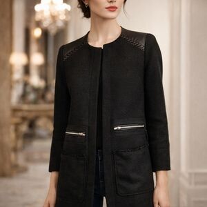 Maje Bouclé Jacket Black‎ Leather Trim Frayed Pocket Coat Size 38